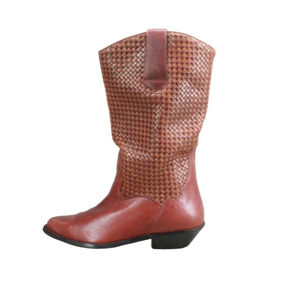 Vintage LL Bean Dingo Brown Braided Leather Western Pull On Boots 6 M - Picture 1 of 10